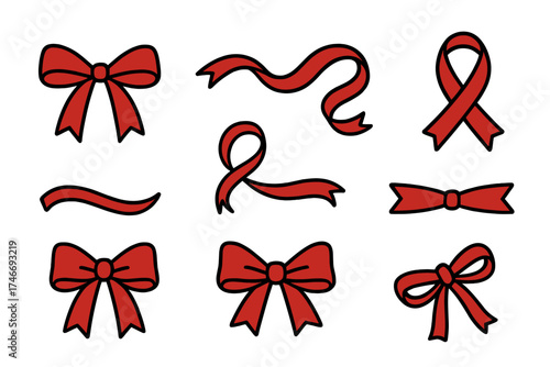 Red Ribbon Icons. Red ribbon outline set. tied bow, flowing ribbon, curled strand, awareness loop, gift ribbon, ribbon knot, festive bow, folded ribbon.