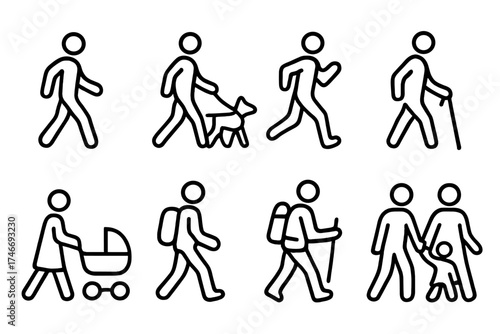 Outline Walking Icons. Walking outline icons. person walking, dog walker, jogging figure, walking with cane, stroller walk, backpack walker, hiking figure, family walk.