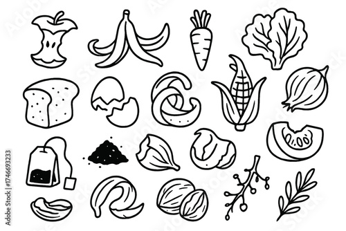 Black Line Food Scraps. Food scraps outline set. apple core, banana peel, carrot top, lettuce leaf, bread crust, eggshell, orange peel, corn husk, tea bag, coffee grounds, onion