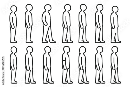 Orderly Queue Silhouettes. People queue outline set. side view figures, standing crowd, line of icons, waiting group, human chain, orderly figures, silhouettes in row, people
