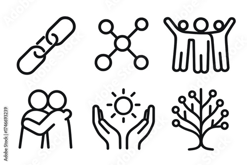Support Network Symbols. Support network outline set. chain links, shared nodes, raised arms, supportive hug, glowing sphere, branching tree