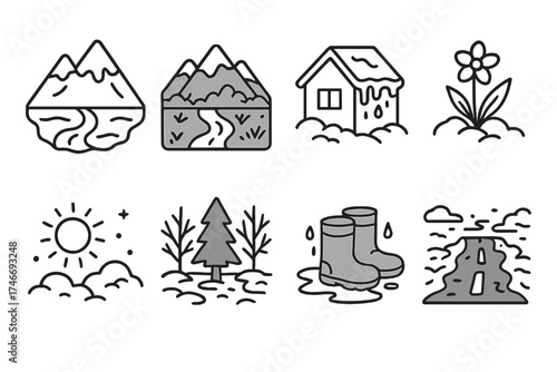 Spring Thaw Emergence. Seasonal change outline set. snowy mountain turning green, frozen river thawing, melting snow on roof, first spring flower in snow, sunshine over snow, snow