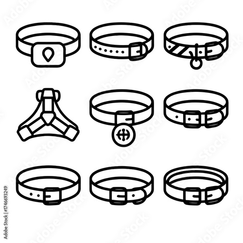 Functional Collar Icons. Functional collars outline set. GPS collar, LED collar, reflective collar, training collar, harness collar, smart chip collar, adjustable collar, padded