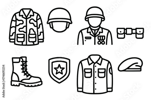 Military Icon Set. Army attire outline set. camouflage jacket, helmet, decorated chest, utility belt, boots with laces, shoulder patch, uniform shirt, beret.