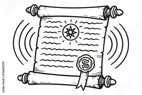 Ancient Scroll Mystique. Chant scroll outline set. rolled parchment, calligraphy lines, glowing symbol, wooden rods, ancient seal, echo waves