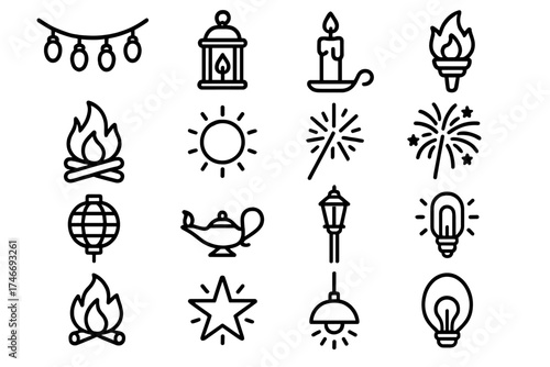Outline Light Icons. Light outline icons. string lights, lantern, candle, torch, bonfire, glowing orb, sparkler, fireworks, paper lantern, oil lamp, lamp post, neon light, glowing