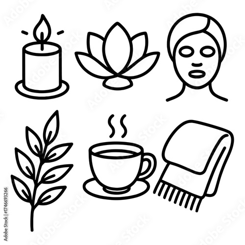 Self Care Essentials. Self care outline set. lit candle, lotus flower, face mask, warm tea cup, leafy branch, cozy blanket