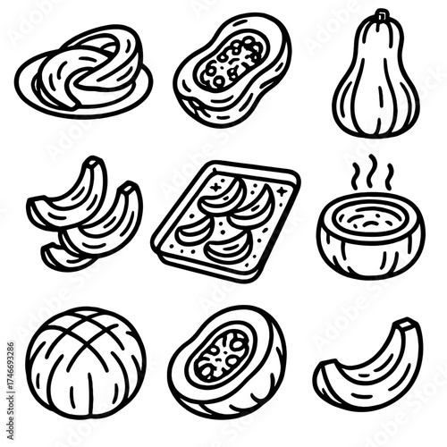 Roasted Squash Icons. Roasted squash outline set. cut squash on plate, stuffed baked half, golden roasted slices, whole roasted gourd, seasoned tray, steaming squash, baked round