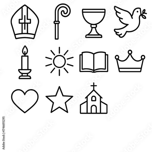 Ecclesiastical Symbols Collection. Bishop hat outline set. mitre, cross, staff, chalice, dove, candle, rays of light, book, crown, heart, star, church.