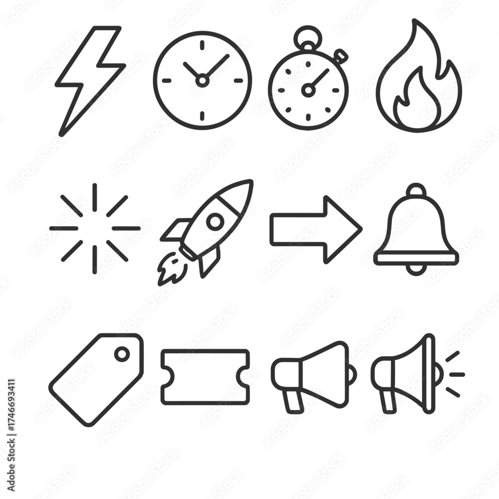 Fototapeta premium Flash Sale Iconography. Flash sale banner outline set. lightning bolt, clock, stopwatch, flame, spark, rocket, arrow, starburst, bell, tag, ticket, loudspeaker.