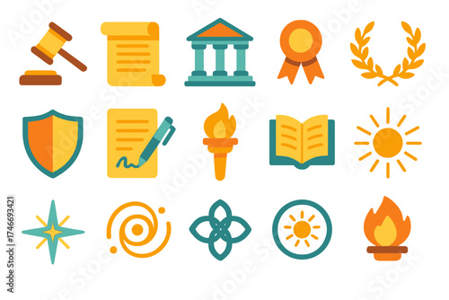 Modern Justice Symbols. Justice symbols flat icon set. gavel, law scroll, courthouse, ribbon badge, laurel wreath, shield, contract, torch of justice, open book, radiant sun