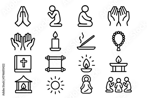 Sacred Symbols Collection. Prayer outline icons. praying hands, kneeling figure, seated figure, folded hands, open hands, candle flame, incense stick, prayer beads, sacred book