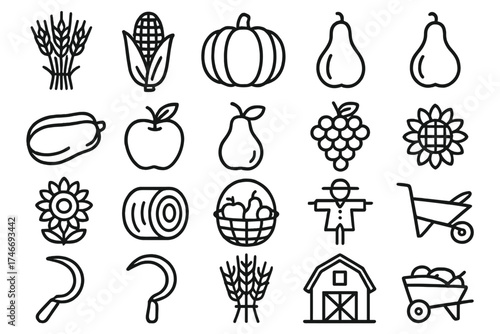 Harvest Icons Collection. Harvest symbols outline set. wheat bundle, corn cob, pumpkin, gourd, squash, apple, pear, grape bunch, sunflower, hay bale, basket of fruit, scarecrow