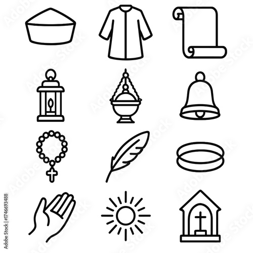Sacred Icons Array. Clerical hat outline set. cap, robe, scroll, lantern, incense, bell, rosary, feather, halo, open hand, sunburst, shrine.