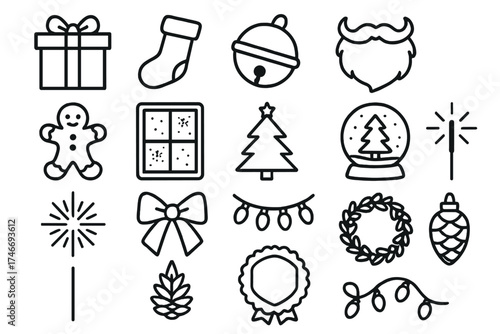 Festive Holiday Icons. Festive extras outline set. gift box, stocking, sleigh bell, Santa beard, holiday cookie, frosted window, Christmas tree, snow globe, festive starburst