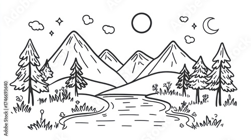Night mountain lake scene, hand-drawn illustration, coloring page