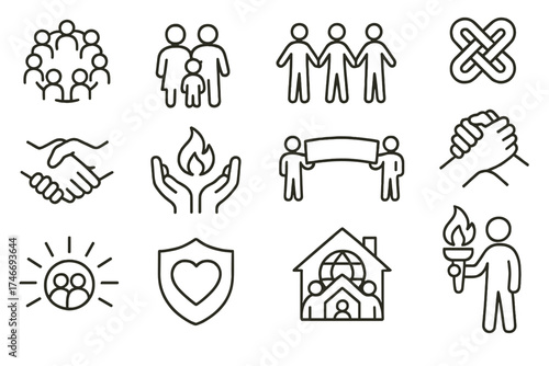 Unity and Compassion. Community set outline set. group circle, family figures, people holding hands, unity knot, handshake, shared flame, banner of hope, clasped hands, radiant