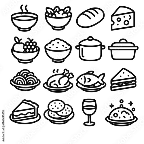 Outline Meal Icons. Meal outline icons. soup bowl, salad bowl, bread loaf, cheese wheel, fruit basket, rice bowl, stew pot, casserole dish, pasta plate, roasted chicken, fish