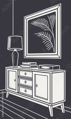 Mid-century modern sideboard with framed artwork and table lamp illustration home decor interior design furniture sketch.