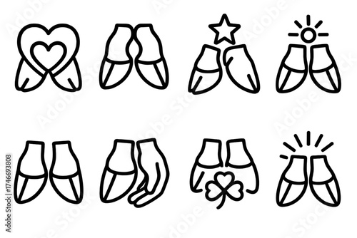 Symbolic Hooves Icons. Symbolic hooves outline set. heart hoof, unity hoof, guiding hoof, hope hoof, harmony hoof, protective hoof, luck hoof, radiant hoof.