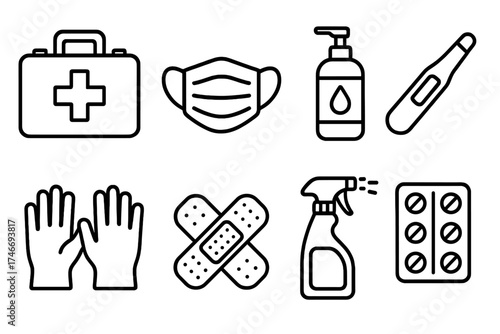 Essential Health Kit Icons. Health kits outline set. first aid box, face mask, sanitizer bottle, thermometer, gloves, bandages, disinfectant spray, vitamins pack.
