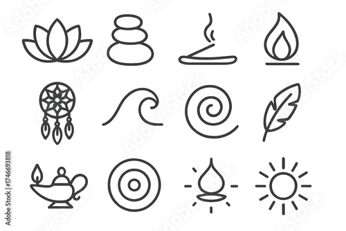 Serene Icons Collection. Peaceful rest outline set. lotus, ripple, pebble stack, incense, flame, dreamcatcher, wave, spiral, feather, lamp, aura circle, sunburst.