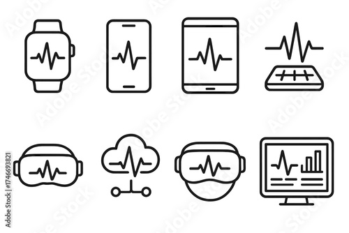 Digital Pulse Icons. Digital lines outline set. smartwatch pulse line, fitness app pulse line, smartphone screen pulse line, tablet monitor pulse line, hologram pulse line, VR