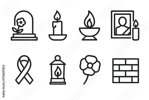 Memorial Icons Collection. Memorial outline icons. gravestone with flower, vigil candle, eternal flame, photo frame with candle, remembrance ribbon, lantern light, poppy flower