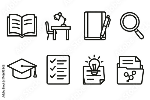 Education Icon Set. Learning outline icons. open book, study desk, journal with pen, magnifying glass, academic cap, checklist, idea notes, research file.
