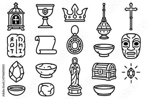 Sacred Relics Collection. Relic objects outline set. reliquary, chalice with jewel, golden crown, staff with cross, carved tablet, scroll, amulet, pendant, censer, incense holder
