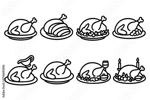 Festive Turkey Icons. Festive meals outline set. whole roast turkey, carved turkey slices, turkey with garnish, stuffed turkey, turkey with gravy, golden brown turkey, holiday