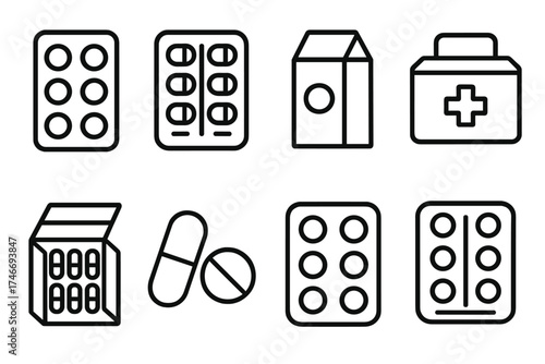 Medicine Icon Set. Pharmacy box outline set. pill blister, capsule pack, medicine carton, pill icon, first aid box, open box with capsules, sealed blister, labeled strip.