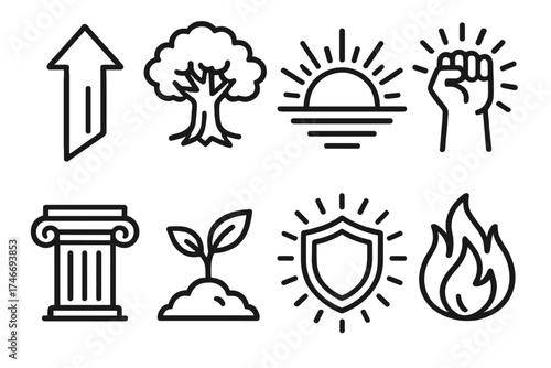 Strength Icons Collection. Strength icon outline set. upward arrow, sturdy oak, sunrise horizon, fist with rays, stone pillar, resilient sprout, glowing shield, radiant flame.