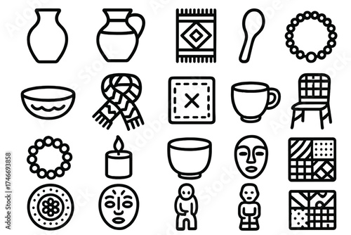 Handicrafts Icons Collection. Craft outline icons. pottery vase, clay jug, woven rug, wooden spoon, hand-carved bowl, knitted scarf, stitched cloth, beaded necklace, bracelet