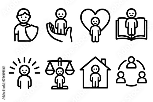 Youth Protection Icon Set. Youth protection outline set. child with shield, open palm and child, heart symbol, book for education, child with rays, balanced justice, safe house