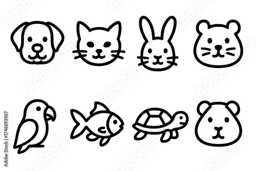 Pet Icon Collection. Pet outline icons. dog, cat, rabbit, hamster, parrot, goldfish, turtle, guinea pig.