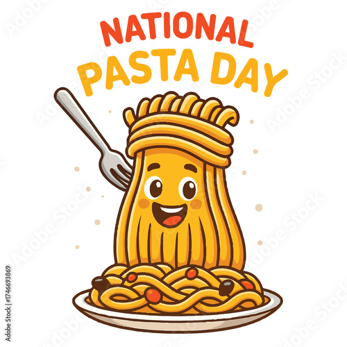 National Pasta Day Cartoon – Spaghetti Character Celebration with Plate & Fork