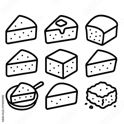 Cornbread Slice Variations. Classic cornbread outline set. plain cornbread slice, buttered cornbread slice, golden brown slice, baked cornbread loaf slice, skillet cornbread slice