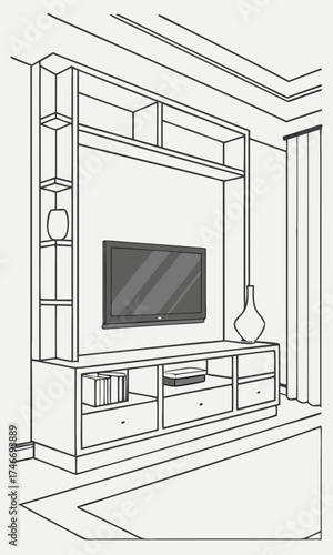 Modern Entertainment Center Design Flat Screen TV Built-in Shelving Unit Home Decor Interior Design Sketch Minimalist Living Room Furniture Architectural Drawing Home Theater Setup Media.