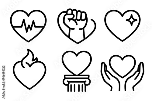 Heart and Strength Symbols. Strong heart outline set. heart with pulse, clenched fist, glowing star, steady flame, sturdy pillar, open hands