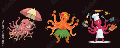 Three octopuses enjoying different activities on black backdrop bundle design
