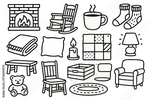 Cozy Cabin Vibes. Cozy accents outline set. fireplace, rocking chair, steaming mug, blanket, slippers, pillow, warm socks, quilt, candle flame, glowing lamp, rustic crate, wooden