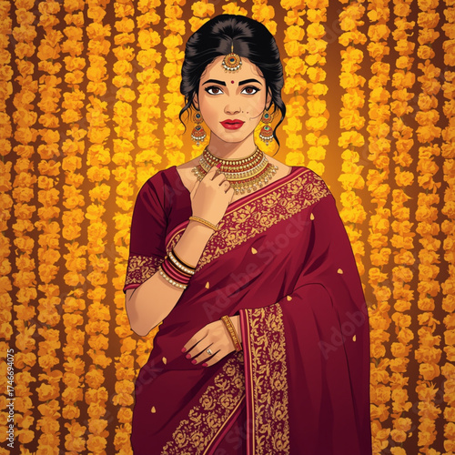 Elegant indian woman in traditional maroon saree and gold jewelry