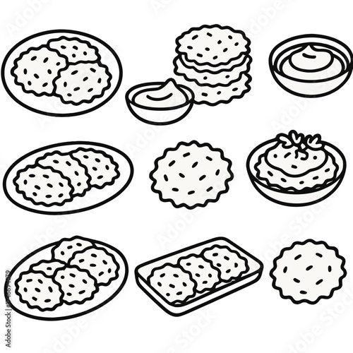 Crispy Latke Display. Traditional latkes outline set. plate of pancakes, crispy golden rounds, plate with sauce, stacked fried latkes, dish with garnish, serving platter, latke
