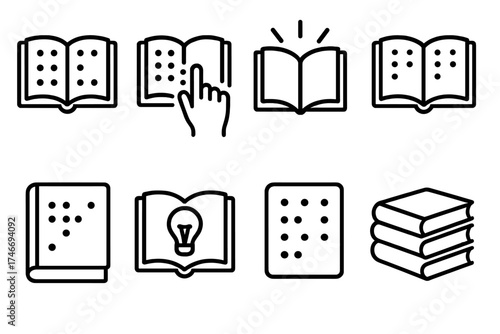 Braille Books Icon Set. Accessible book outline set. book with raised dots, hand touching page, open glowing book, tactile page, closed braille cover, learning symbol, dotted sheet