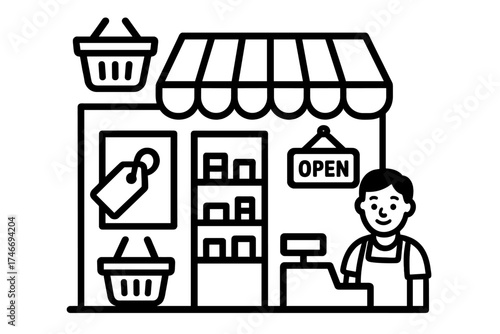 Friendly Storefront Scene. Community shop outline set. storefront, shopping basket, price tag, open sign, shelves, friendly cashier