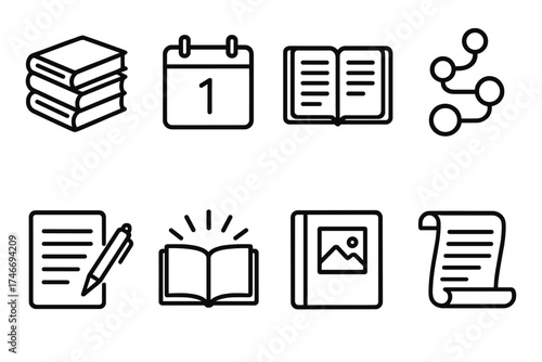 Journey of Ideas. Timeline story outline set. stacked books, calendar page, open diary, path with milestones, pen and paper, glowing book, memory album, unfolding scroll.