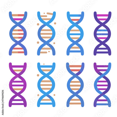 Vibrant DNA Icons. DNA strand flat icon set. double helix, twisting strand, genetic code, molecular chain, helix with glow, paired bases, DNA spiral, science icon.