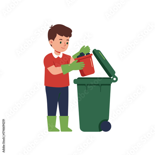 A young boy responsibly disposes of household waste into a large green recycling bin, demonstrating environmental awareness and good habits.