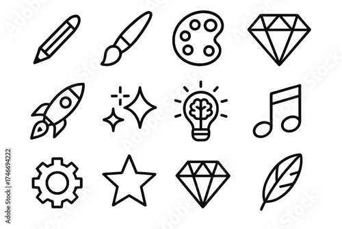 Creative Icon Collection. Creative mind icon outline set. pencil, paintbrush, palette, diamond, rocket, sparkle, feather, idea bulb, music note, gear, starburst, gem.